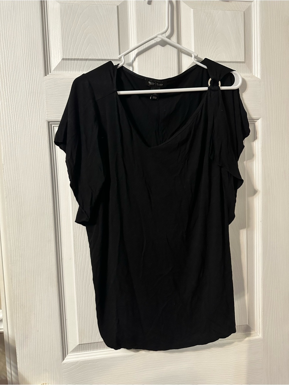 White House Black Market Black Short-Sleeve Tunic with Shoulder Ring Detail